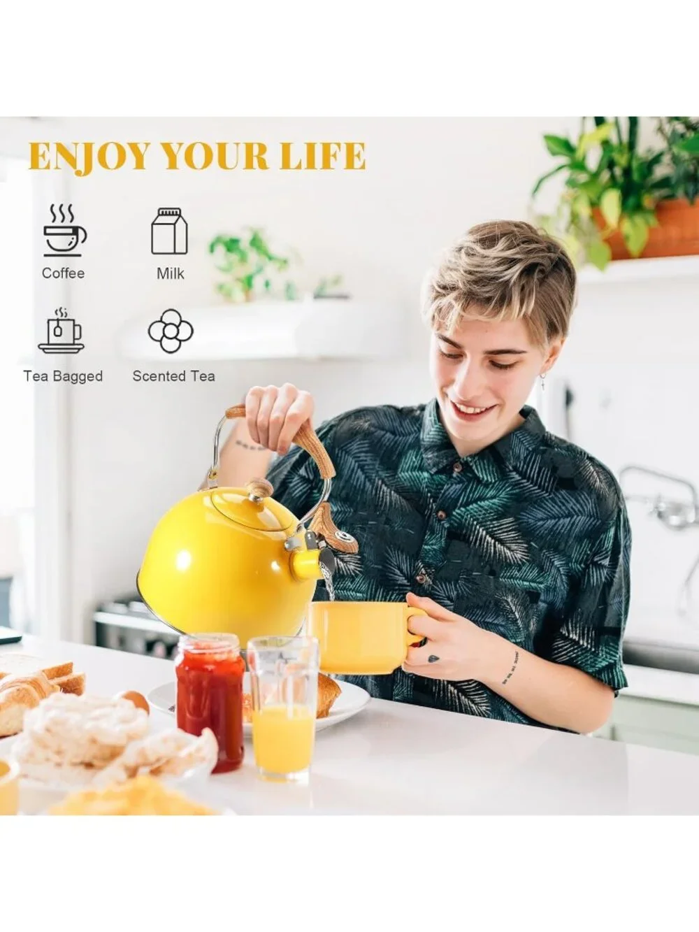 GGC Yellow Stainless Steel Kettles 2.6QT Whistling Stove Top Folding Wood Handle